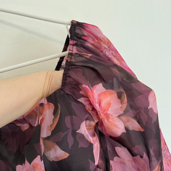 THIRTY THIRTY LA Plum Purple Pink Floral Shiny Square Neck 3/4 Sleeve Blouse S - Picture 7 of 14